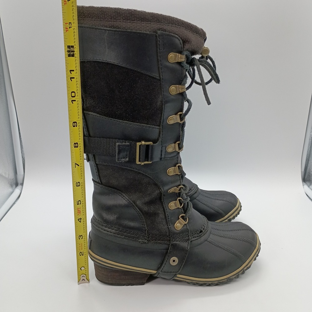 Sorel Conquest Carly Black Leather Rubber Tall Boots Womens 6.5 Rain Winter - Picture 12 of 14
